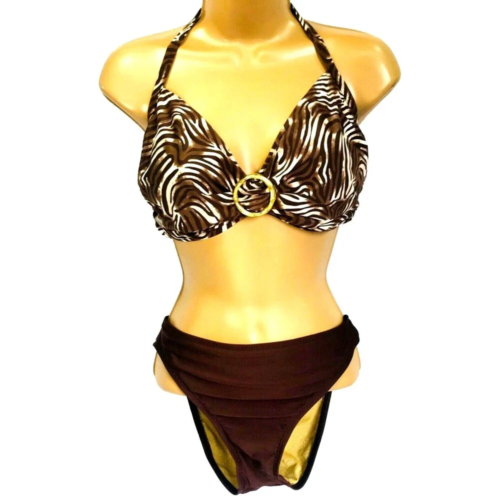 Bikini Set Coco Reef Top 36D 38D Zebra Athena Bottom 10 Swimwear Brown Animal - Picture 2 of 12